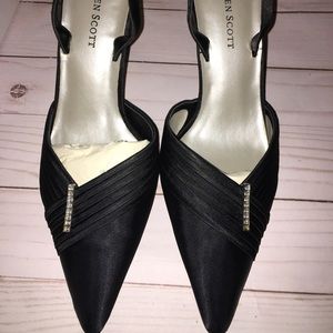 New Karen Scott black satin heels with rhinestones
